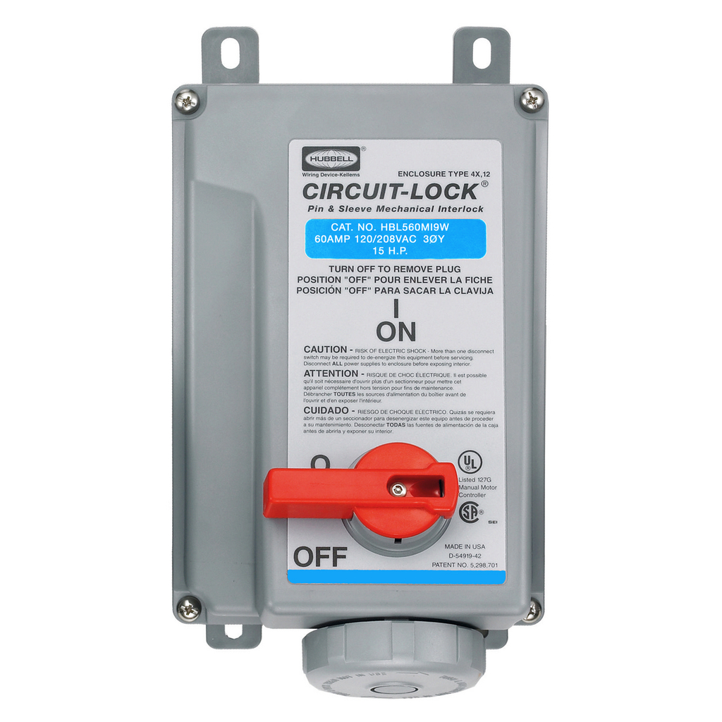 Product image for Hubbell HBL560MI9W Pin & Sleeve IEC Unfused Circuit-Lock® Mechanical Interlock, 60A 4P5W, 3ØY 120/208V, IP67, NEMA 4X, 12