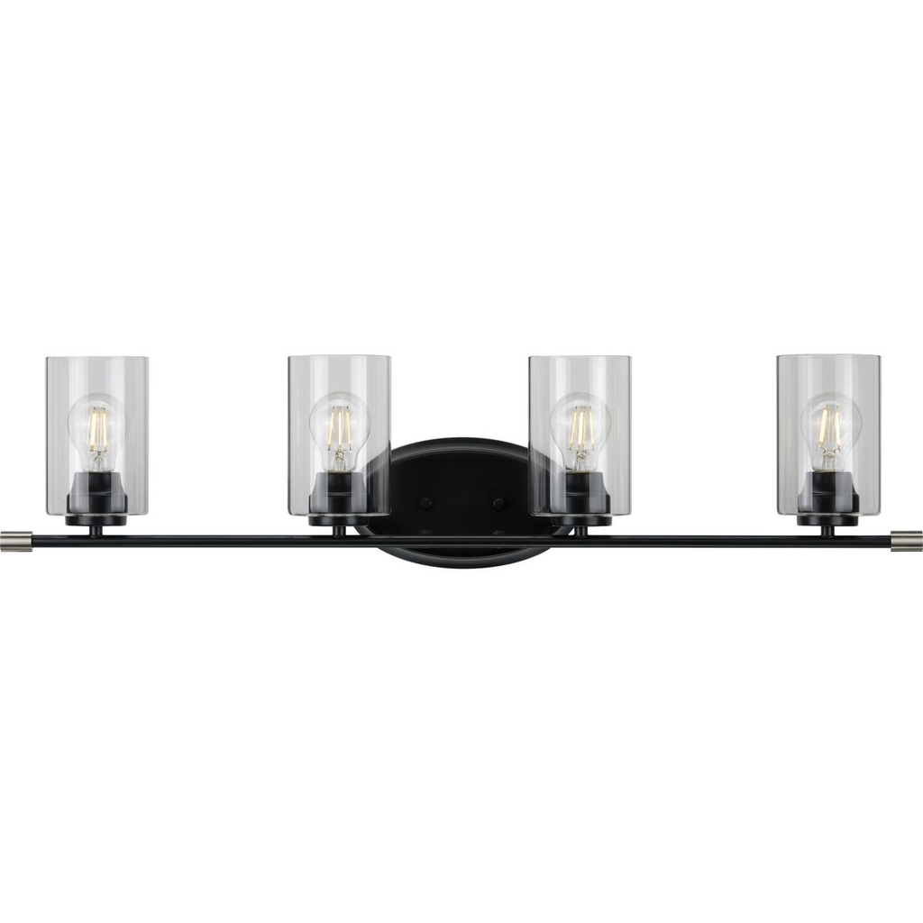 Product image for Progress P300279-031 Riley Collection Four-Light Matte Black Clear Glass Modern Bath Vanity Light