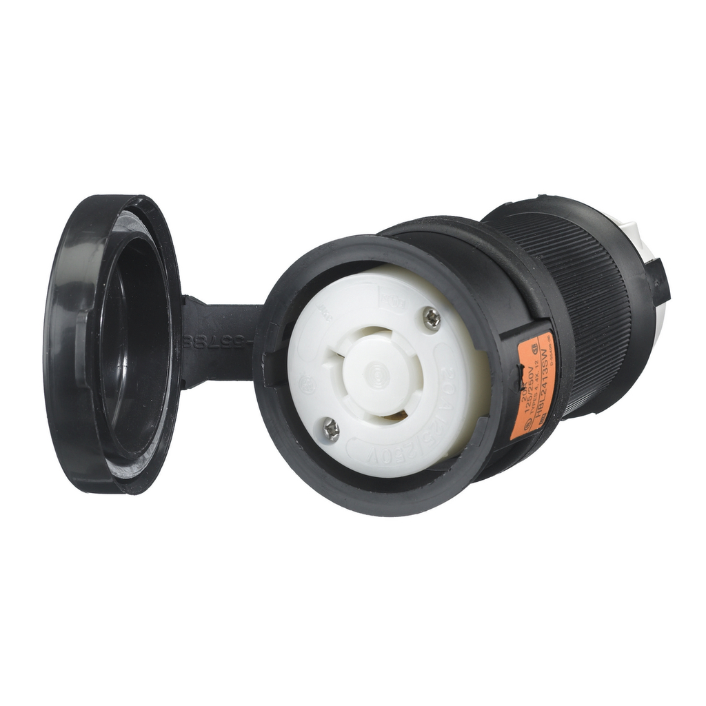 Product image for Hubbell HBL2413-SW 20A 125/250V AC Twist-Lock Watertight SAFETY-SHROUD Black VALOX Connector Body