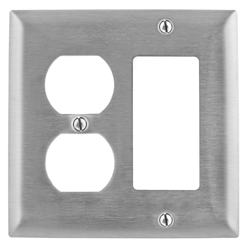 Mayer-DDS-Wallplates and Boxes, Metallic Plates, 2- Gang, 1) Duplex 1) GFCI Openings, Standard Size, Stainless Steel-1