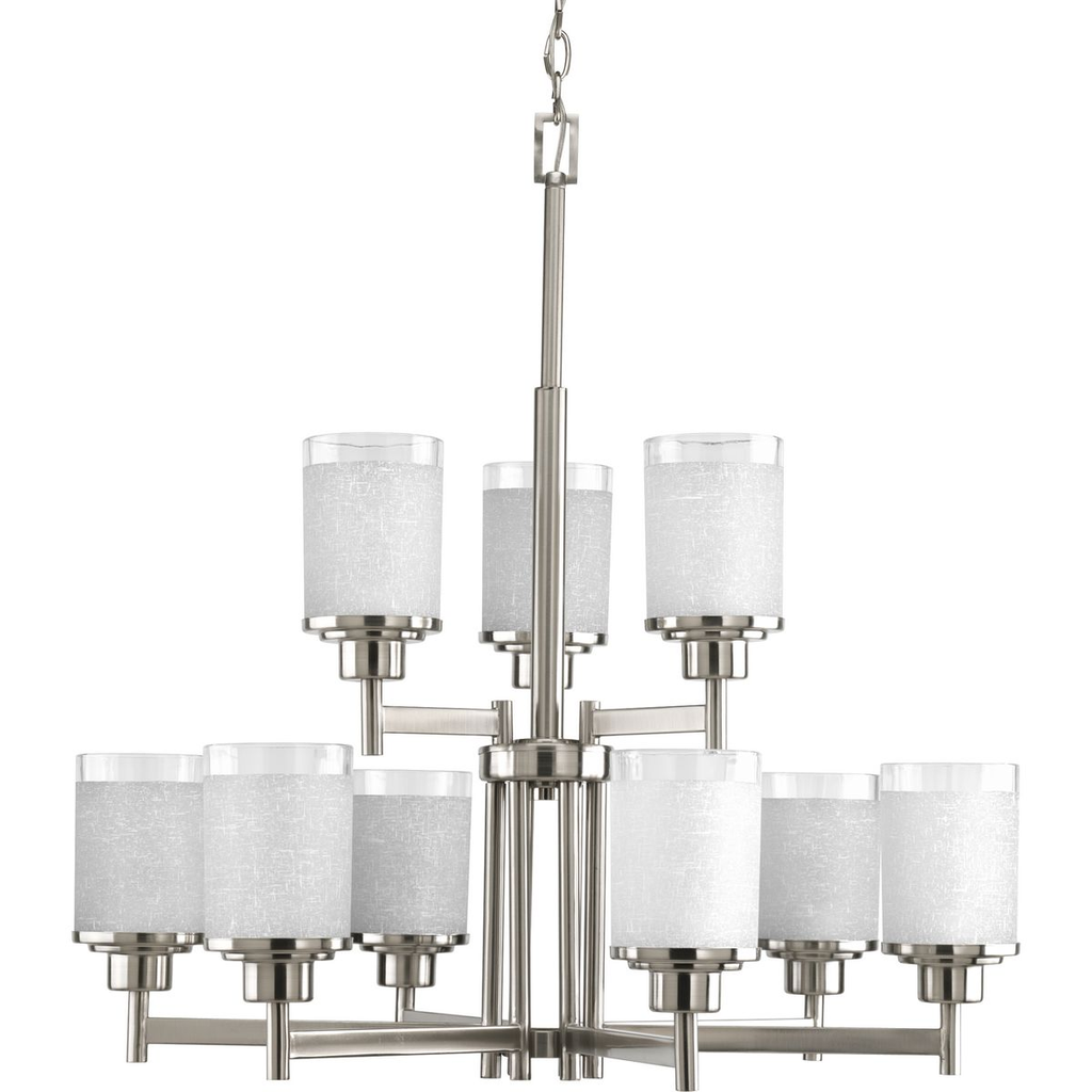 Product image for Progress P4626-09 Alexa Collection Nine-Light Brushed Nickel Etched Linen With Clear Edge Glass Modern Chandelier Light