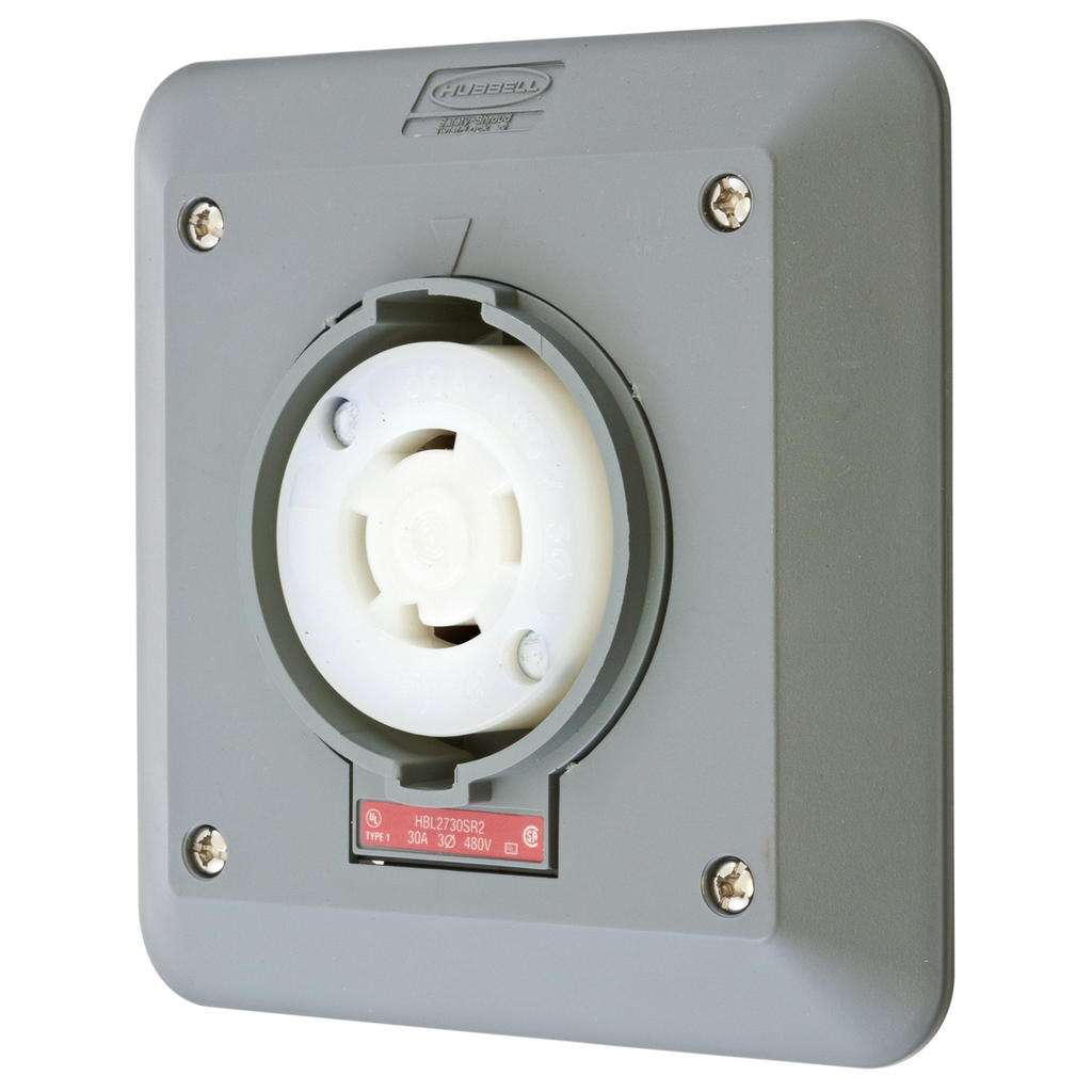Product image for Hubbell HBL2730SR2 30 Amp 480 Volt 3-Pole 4-Wire NEMA L16-30R Gray Semi Flush Locking Receptacle