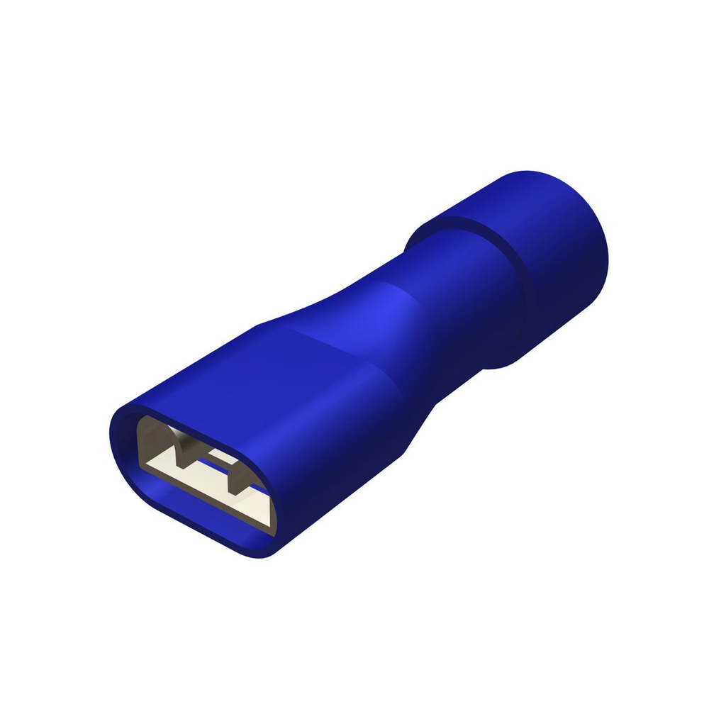 Product image for Burndy FQN14F25X03D Brass Fully Insul Female Quick Disconnects, Funnel Entry, 14-16 AWG, 300 V, 090" L, 025" W, Nylon Insul, Blue(Insul Color)