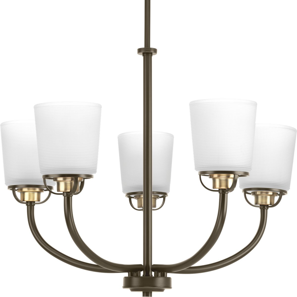 Product image for Progress P400009-020 West Village Collection Five-Light Antique Bronze Etched Double Prismatic Glass Farmhouse Chandelier Light