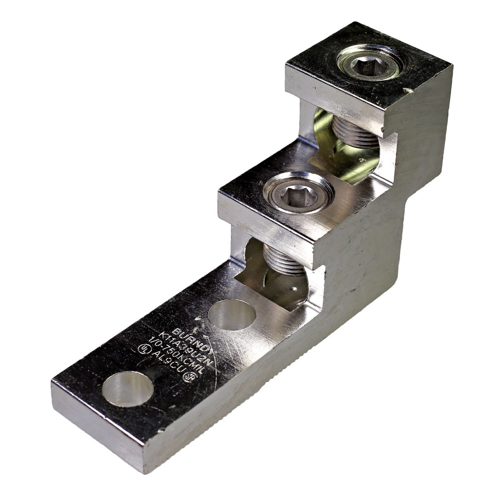 Product image for Burndy K11A39U2N Aluminum Universal Terminal, 2 Hole, Two: 1/0 AWG (Str)-750 kcmil, 3/8" Stud, NEMA Spacing, 2 Screws, Al/Cu Rated, Tin Plated