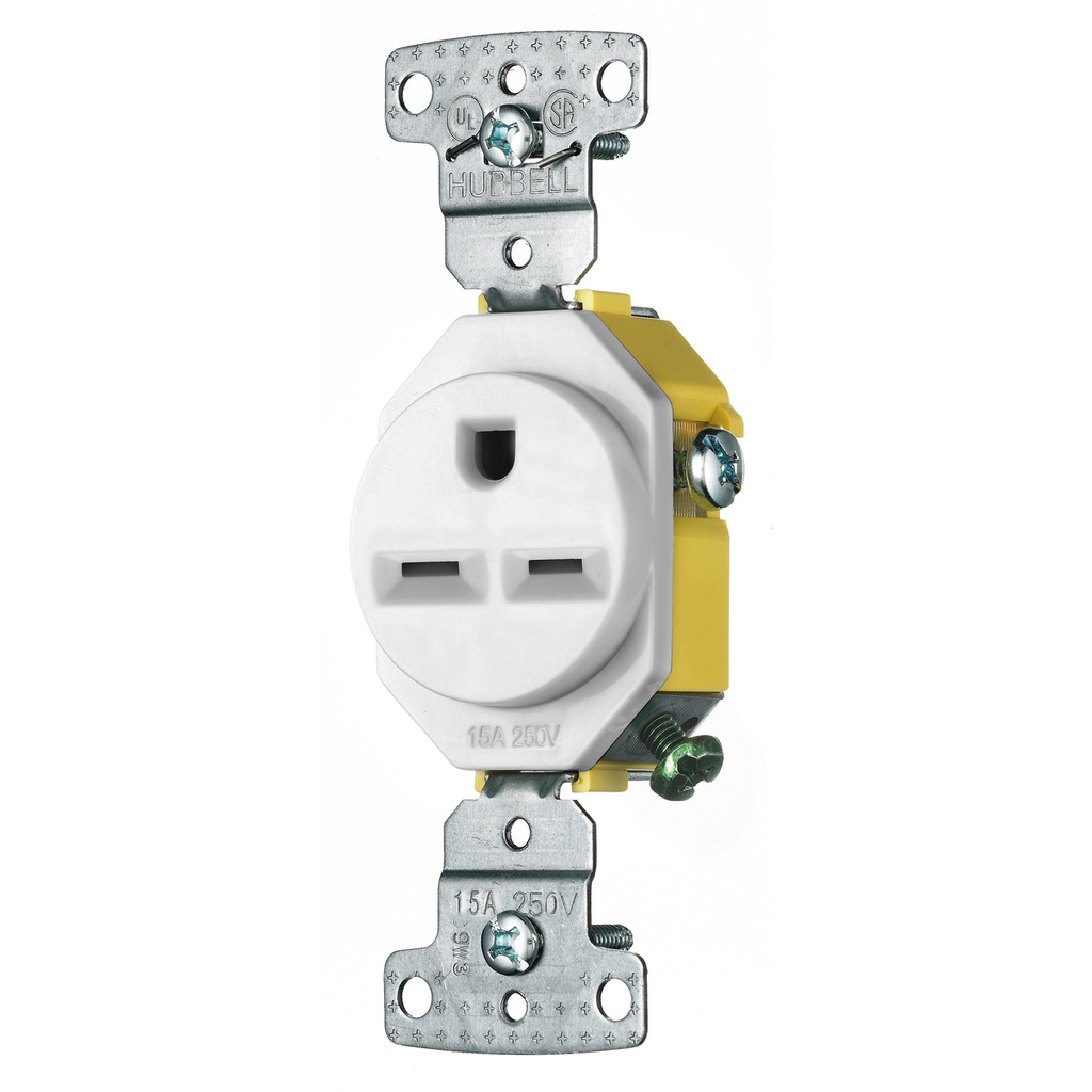 Product image for Hubbell RR155W RESI SGL Receptacle, 15A 250V, SELF GRND, WH