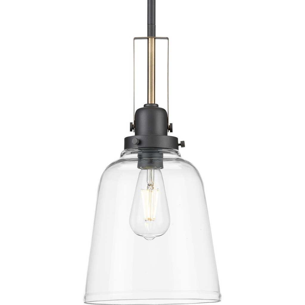 Product image for Progress P500329-143 Rushton Collection One-Light Graphite/Vintage Brass and Clear Glass Industrial Style Hanging Pendant Light