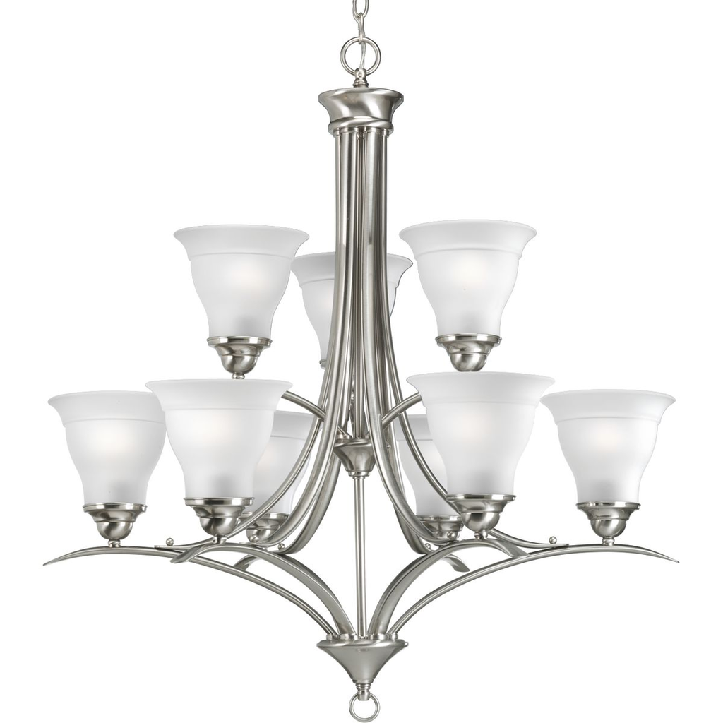 Product image for Progress P4329-09 Trinity Collection Nine-Light Brushed Nickel Etched Glass Traditional Chandelier Light