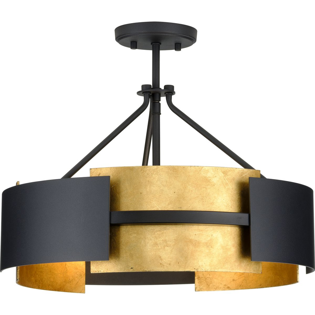 Product image for Progress P350203-031 Lowery Collection Three-Light Textured Black/Distressed Gold Convertible Semi-Flush Ceiling or Hanging Pendant Light