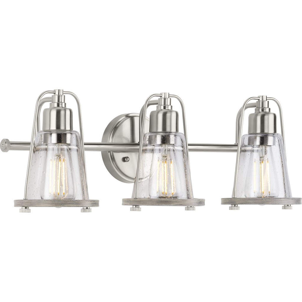 Product image for Progress P300297-009 Conway Collection Three-Light Brushed Nickel and Clear Seeded Farmhouse Style Bath Vanity Wall Light