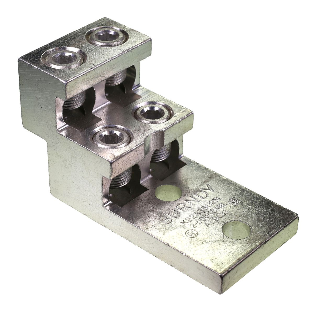 Product image for Burndy K22A36U2N Aluminum Universal Terminal, 2 Hole, 1/2" diameter stud holes spaced 1-3/4" on center (NEMA-spacing), tin plated
