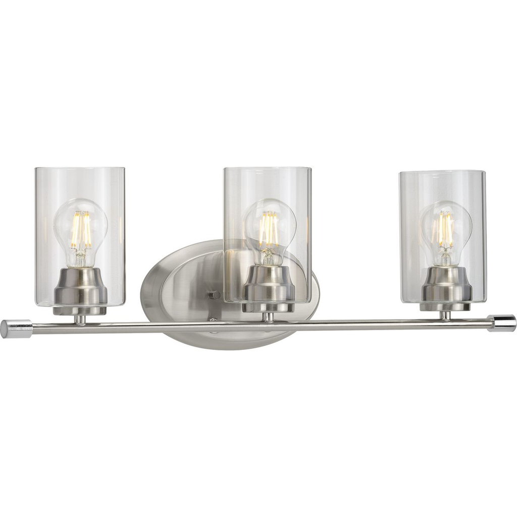Product image for Progress P300278-009 Riley Collection Three-Light Brushed Nickel Clear Glass Modern Bath Vanity Light