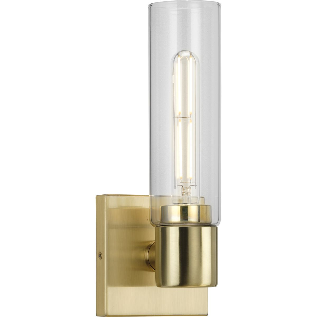 Product image for Progress P300299-012 Clarion Collection One-Light Satin Brass and Clear Glass Modern Style Bath Vanity Wall Light