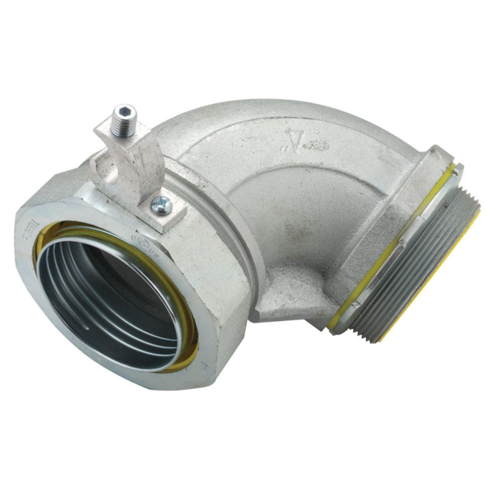 Product image for Raco 3556-3 4" 90 Degree Liquidtight Connector, Insulated w/ Ground Lug, Malleable Iron
