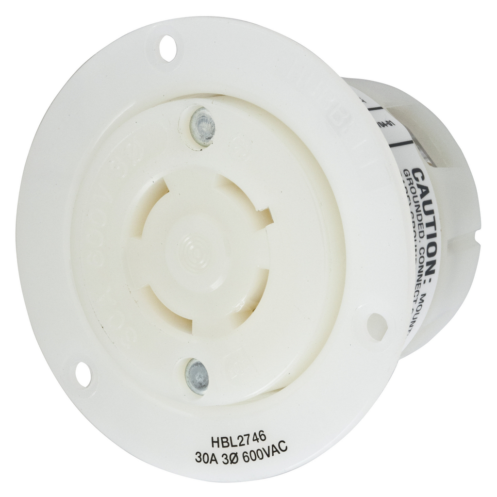 Product image for Hubbell HBL2746 30 Amp 600 Volt 3-Pole 4-Wire NEMA L17-30R White Locking Flanged Receptacle