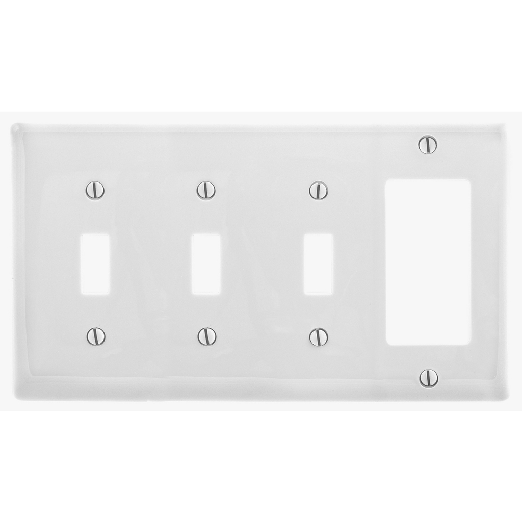 Product image for Hubbell NP326W 4-Gang White Nylon Standard 3-Toggle 1-Decorator Switch Combination Wallplate