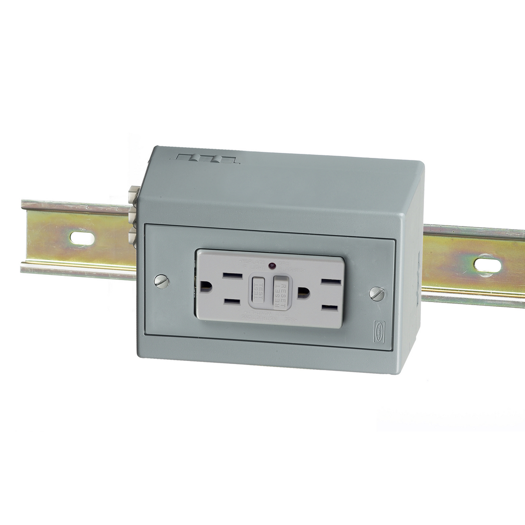 Product image for Hubbell DRUBGFI15HDIN-R UTL BOX, 15A 125V, DUP, GFCI, HORIZ, GY