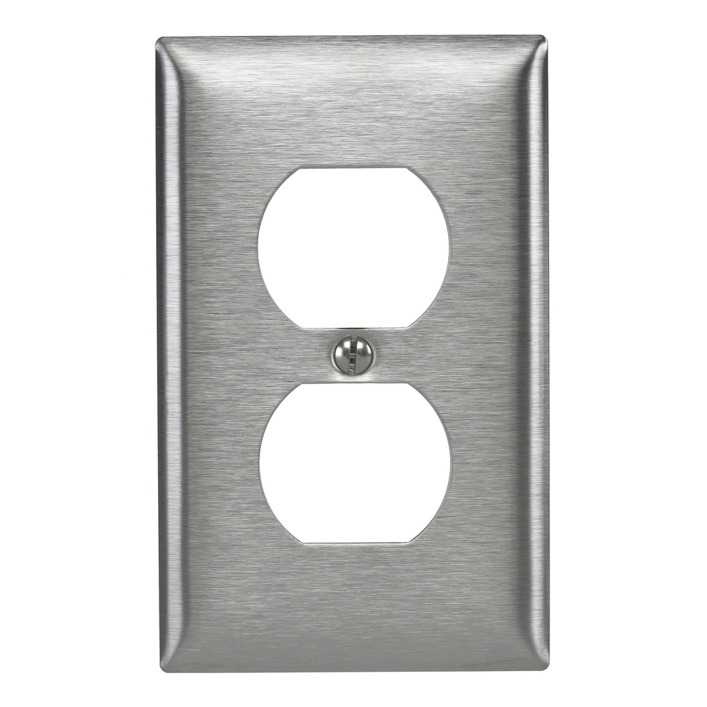 Product image for Hubbell SS8L 1-Gang Stainless Steel 1-Duplex Receptacle Strap Mount Wallplate