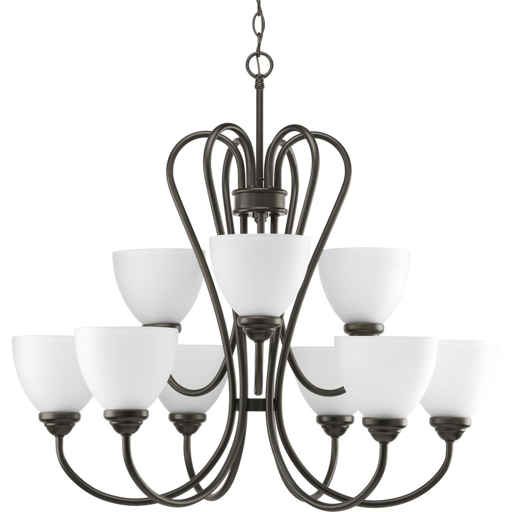 Product image for Progress P4668-20 Heart Collection Nine-Light Antique Bronze Etched Glass Farmhouse Chandelier Light