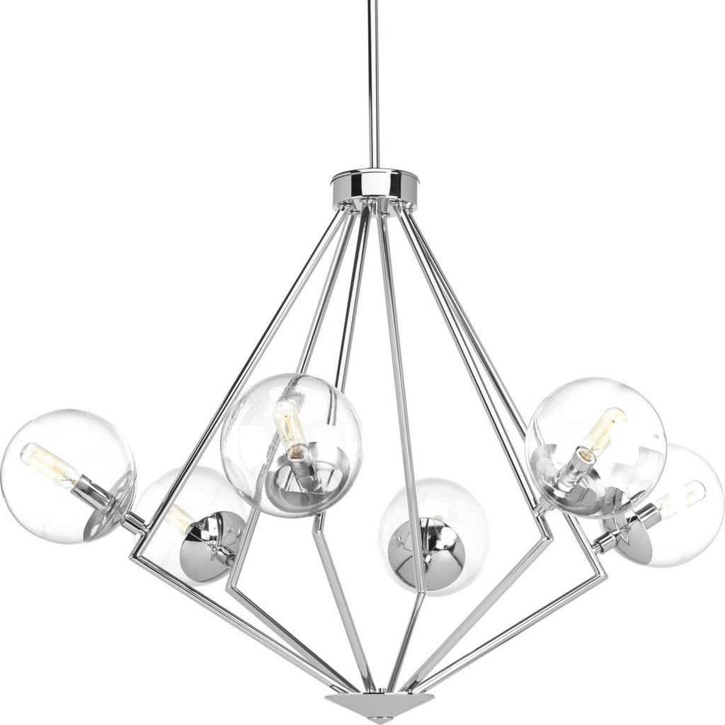 Product image for Progress P4756-15 Mod Collection Six-Light Polished Chrome Clear Glass Mid-Century Modern Chandelier Light