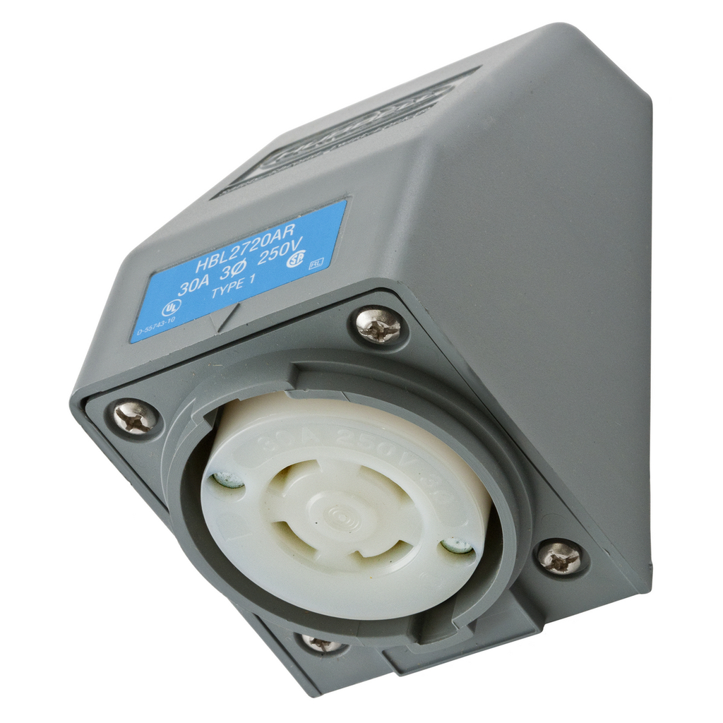 Product image for Hubbell HBL2720AR 30 Amp 250 Volt 3-Pole 4-Wire NEMA L15-30R Gray Angle Housing Locking Receptacle