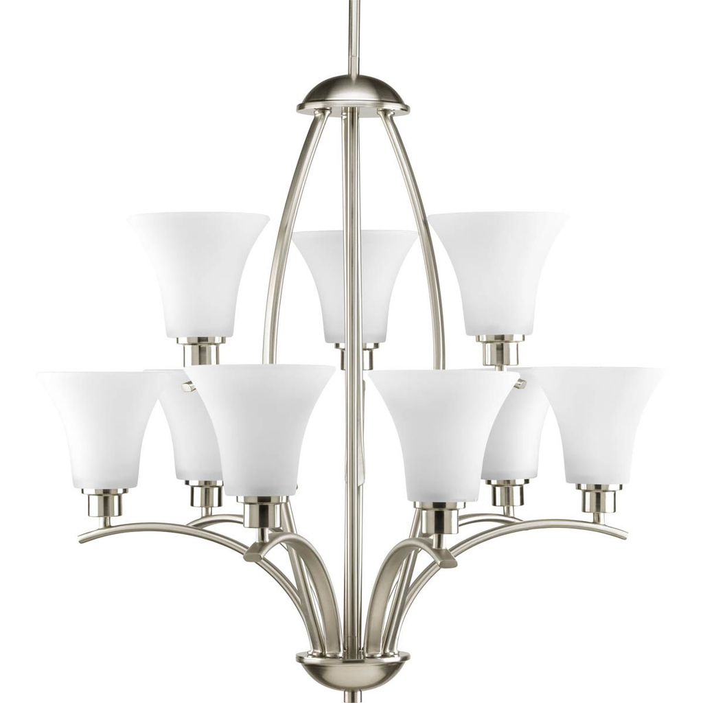 Product image for Progress P4492-09 Joy Collection Nine-Light Brushed Nickel Etched White Inside Glass Traditional Chandelier Light