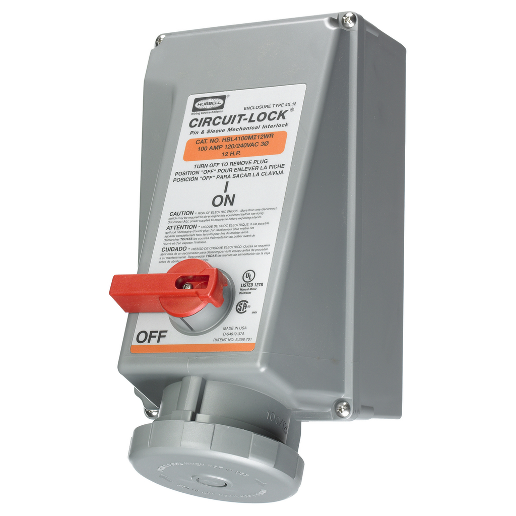 Product image for Hubbell HBL4100MI12WR Pin & Sleeve IEC Reverse Service Circuit-Lock® Mechanical Interlock, 100A 3P4W, 120/240V, IP67, NEMA 4X, 12