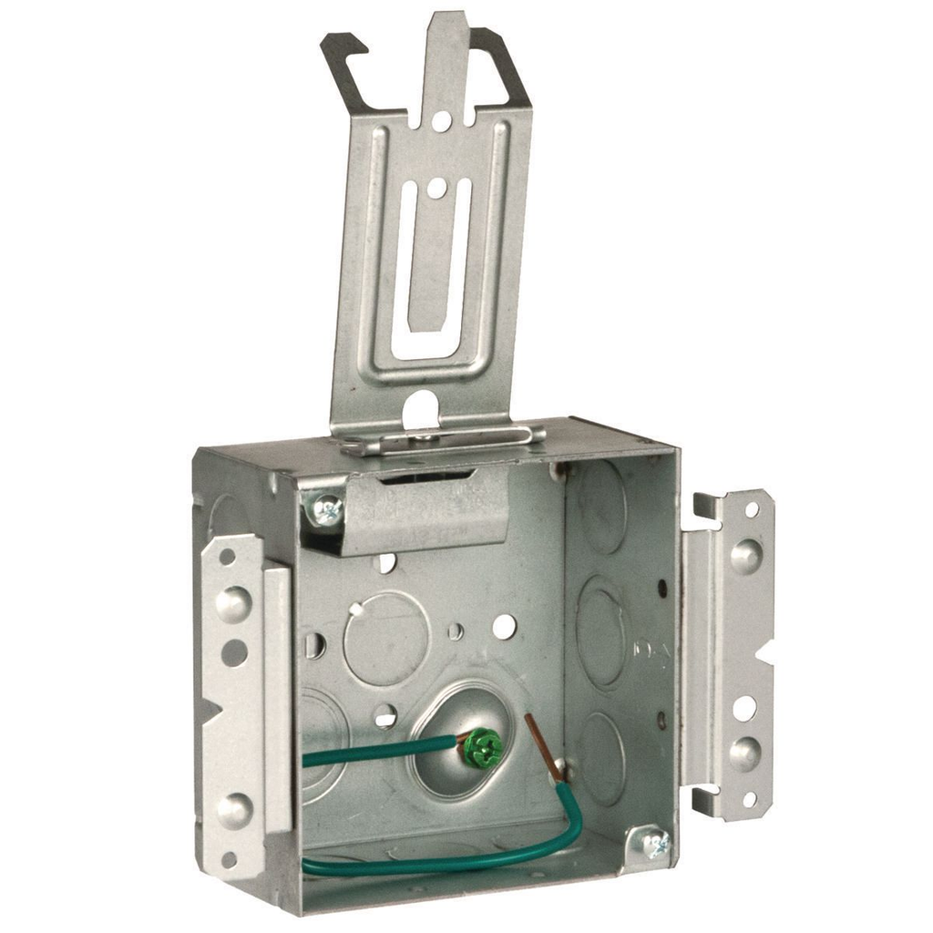 Product image for Raco 232MSCM 4" Square Box, 2-1/8" Deep, Raised Ground, 8" #12 Solid Copper Pigtail. UBS M Bracket Cable Management Clip