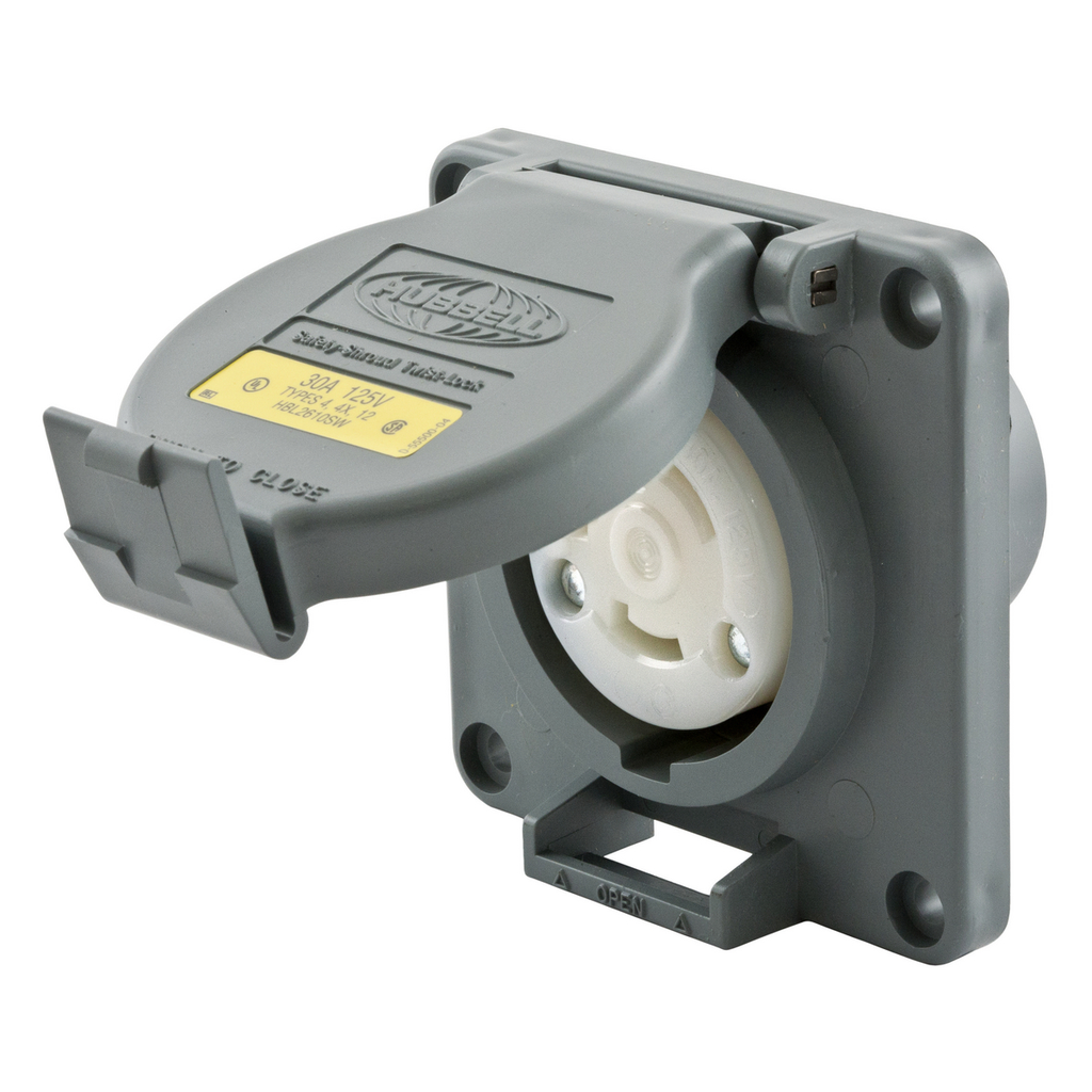 Product image for Hubbell HBL2610SW 30A 125V 2Pole, 3 Wire Grounding, Locking Watertite Single Receptacle, NEMA L5-30R - Gray
