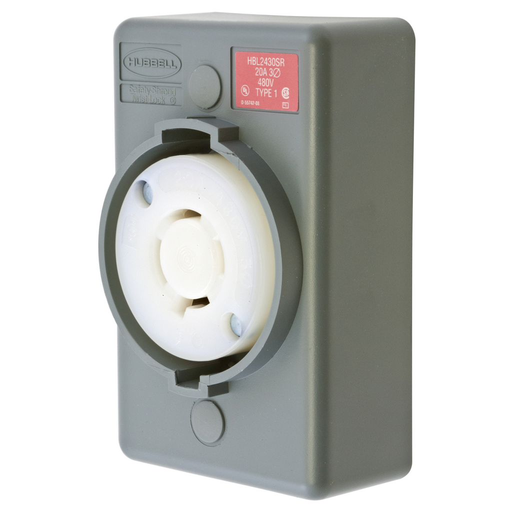 Product image for Hubbell HBL2430SR 20 Amp 480 Volt 3-Pole 4-Wire NEMA L16-20R Gray Surface Mount Locking Receptacle