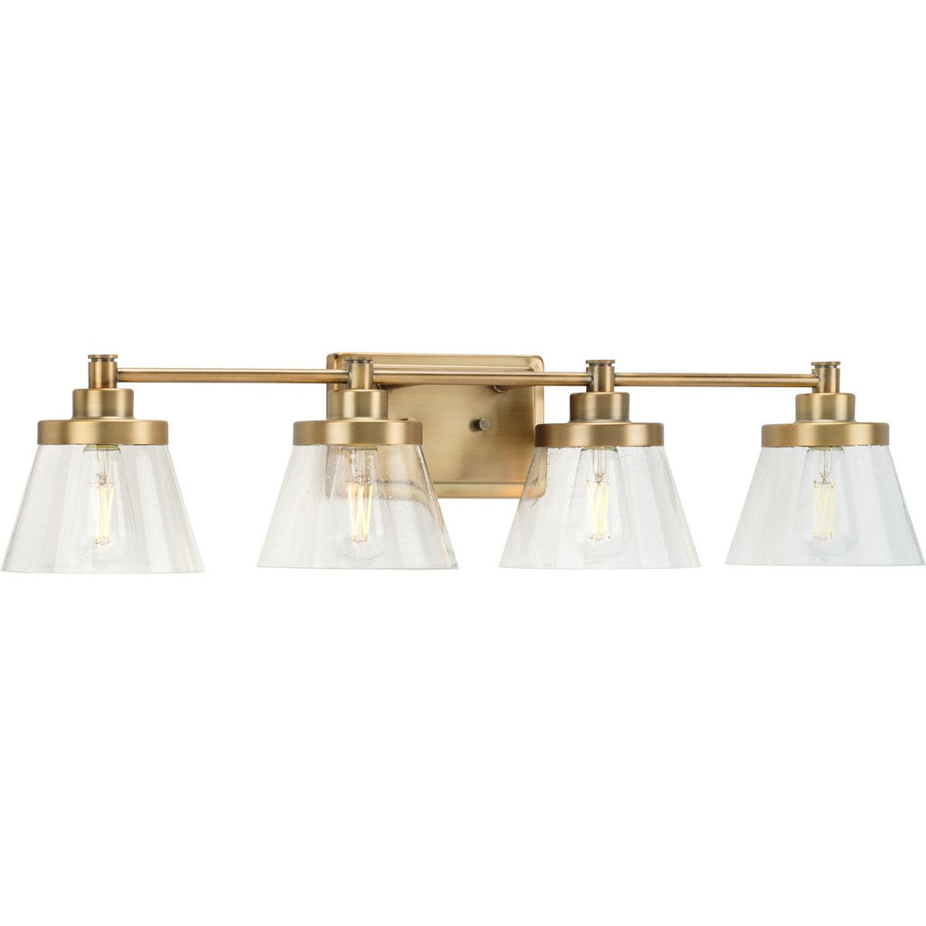 Product image for Progress P300351-163 Hinton Collection Four-Light Vintage Brass Clear Seeded Glass Farmhouse Bath Vanity Light