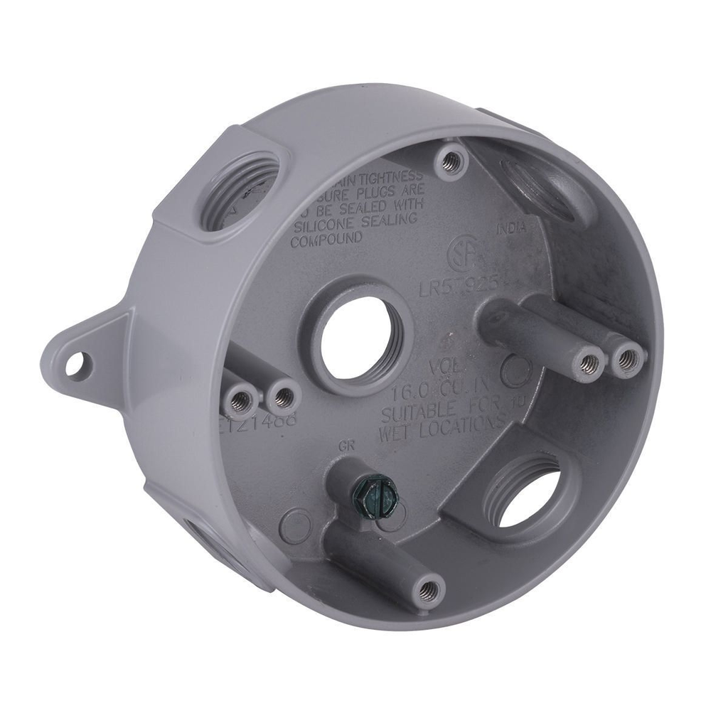 Product image for Bell 5361-5 Round Weatherproof Box, Five 1/2 in. Threaded Outlets, Gray, Carded