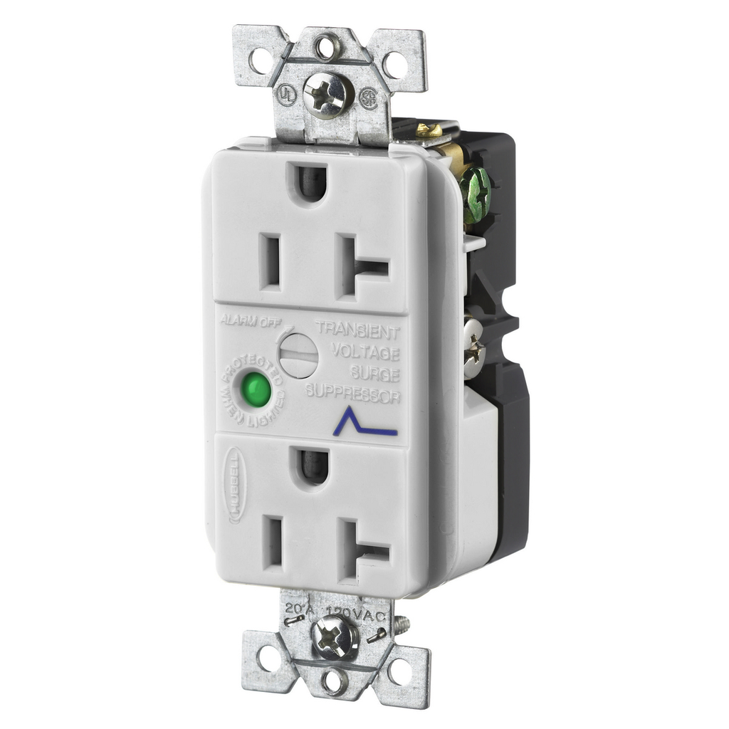 Product image for Hubbell HBL5360OWSA 20 Amp 125 Volt 2-Pole 3-Wire NEMA 5-20R Office White Duplex Surge Suppression Receptacle