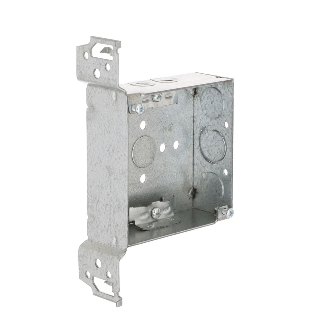 Product image for Raco 223 4" Square Box, Welded, 1-1/2" Deep with NMSC Clamps, Three 1/2" KO's and One TKO, FS Bracket, Flush