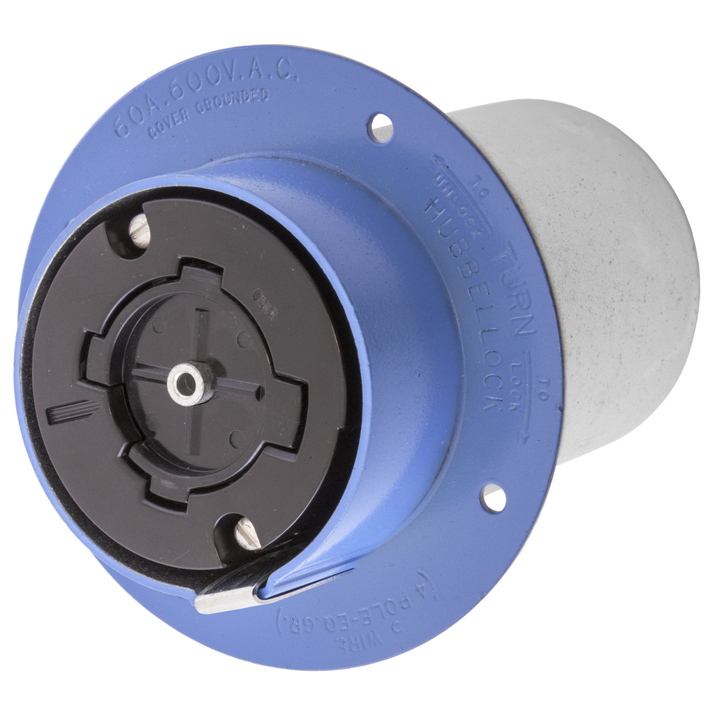 Product image for Hubbell HBL26521 60 Amp 600 Volt 4-Pole 5-Wire Blue Locking Flanged Receptacle