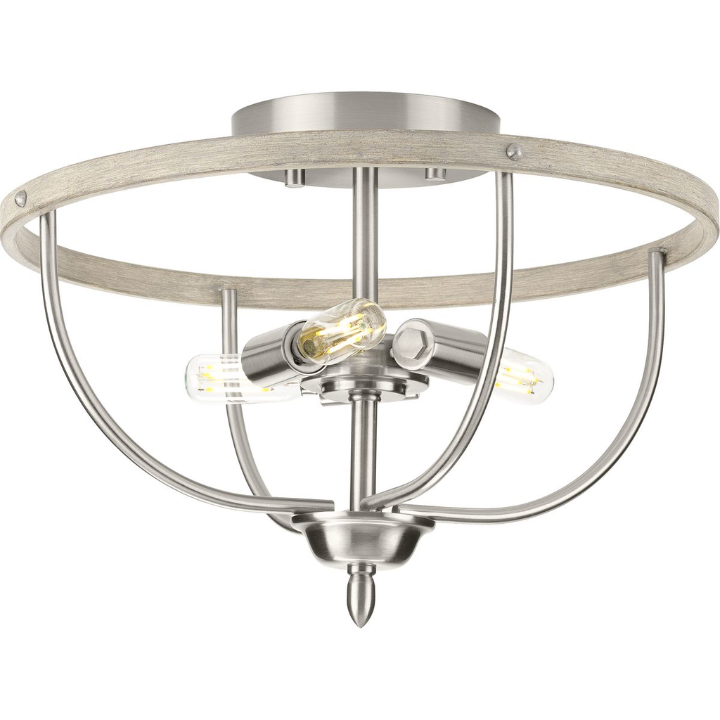 Product image for Progress P350211-009 Vinings Collection Three-Light Brushed Nickel and Grey Washed Oak Flush Mount Ceiling Light