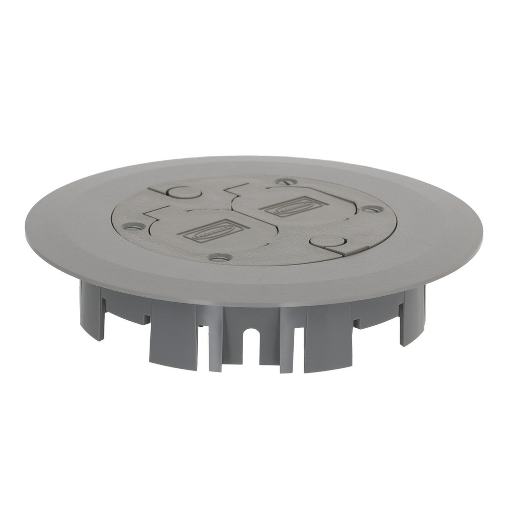 Product image for Raco 6299 Nonmetallic Round Floor Box Cover Kit with 2 Lift Lids for Use with 5511 Floor Box, Gray