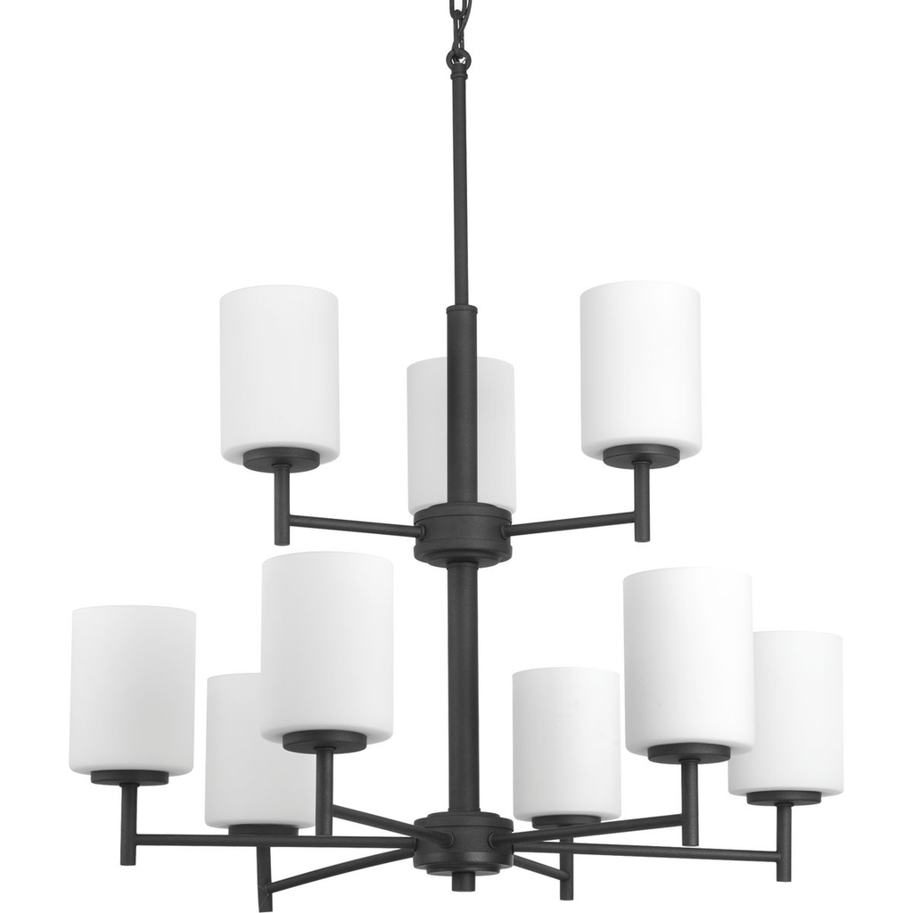 Product image for Progress P4726-31 Replay Collection Nine-Light Textured Black Etched Painted White Glass Modern Chandelier Light