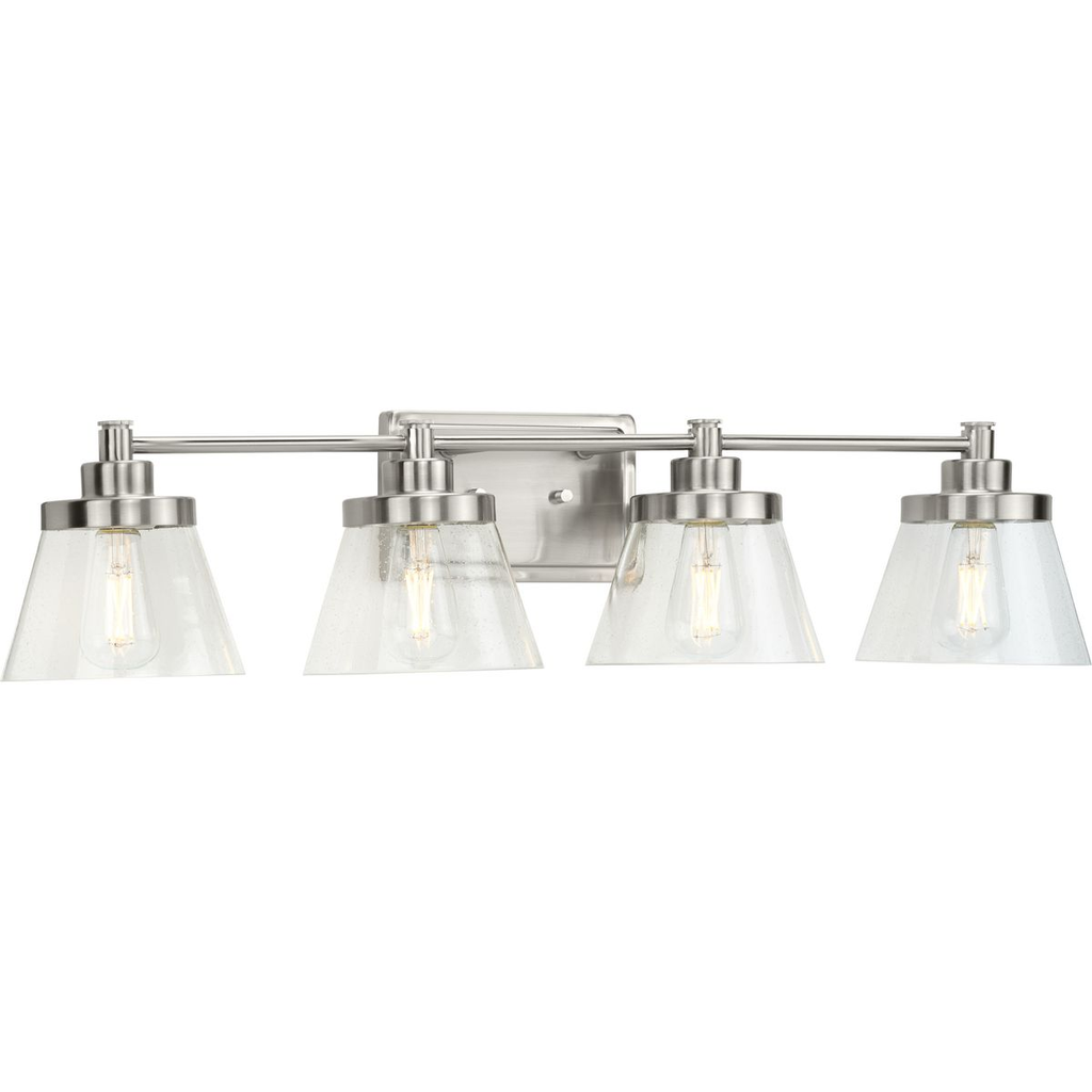 Product image for Progress P300351-009 Hinton Collection Four-Light Brushed Nickel Clear Seeded Glass Farmhouse Bath Vanity Light
