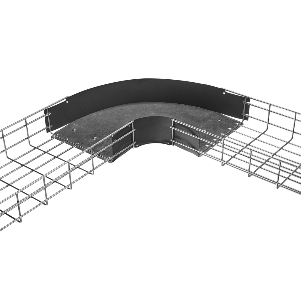 Product image for Hubbell HBTR0412 Wire Basket Cable Tray, Preformed 90deg Fitting, 4" Tray Height, 12" Width, Polymer Side Walls