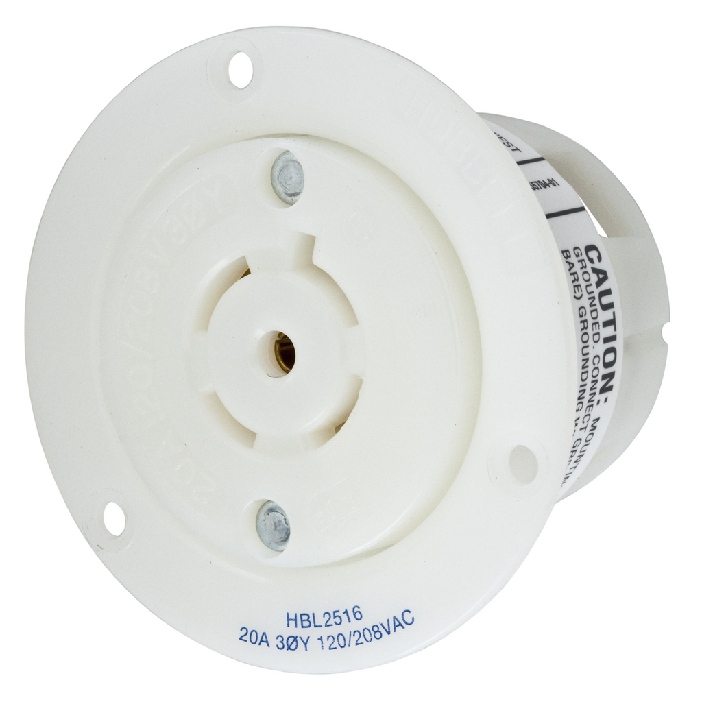Product image for Hubbell HBL2516 20 Amp 120/208 Volt 4-Pole 5-Wire NEMA L21-20R White Locking Flanged Receptacle