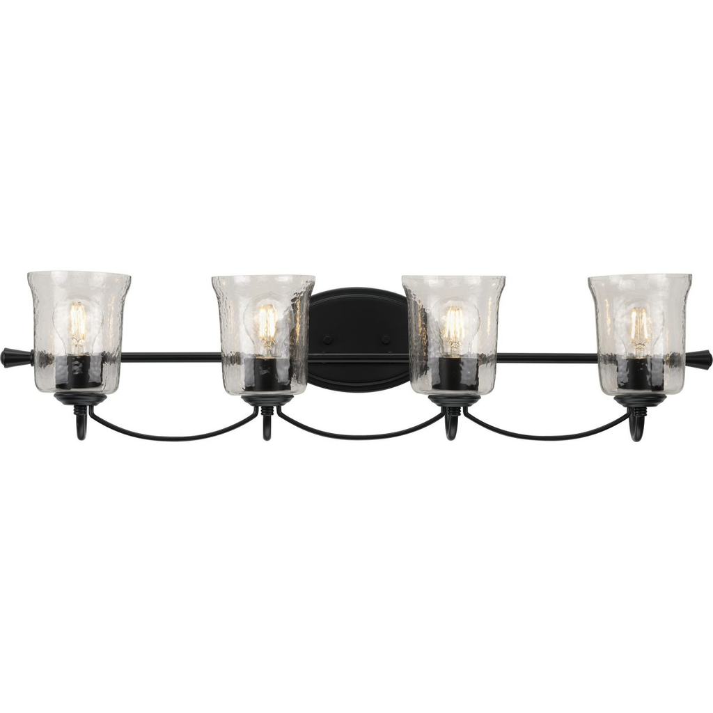 Product image for Progress P300256-031 Bowman Collection Four-Light Matte Black Clear Chiseled Glass Coastal Bath Vanity Light