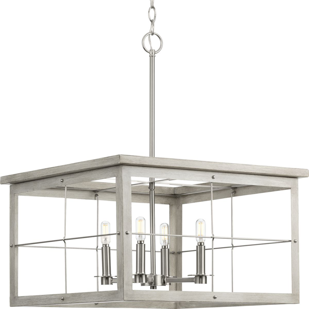 Product image for Progress P400253-009 Hedgerow Collection Four-Light Brushed Nickel and Grey Washed Oak Farmhouse Style Chandelier Light