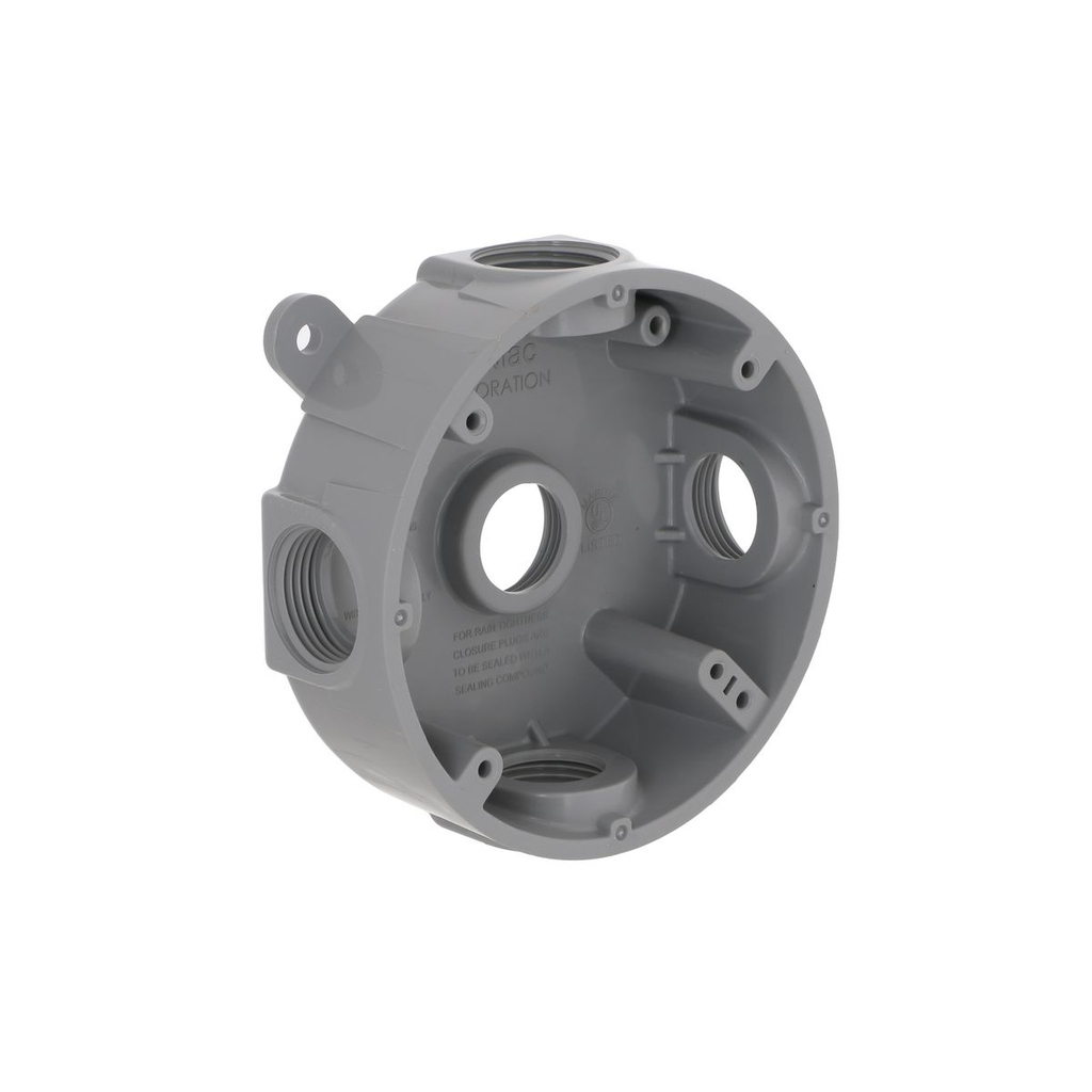 Product image for Raco PRB57550GY 4" Round Splice Box, 1/2" Deep, (5) 3/4" Threaded Outlets