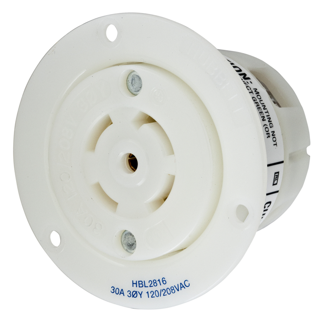 Product image for Hubbell HBL2816 30 Amp 120/208 VAC 4-Pole 5-Wire NEMA L21-30R White Locking Flanged Receptacle