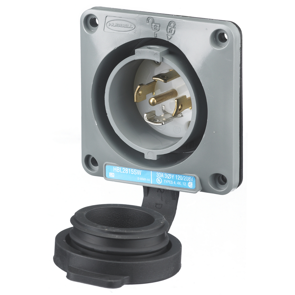Product image for Hubbell HBL2815SW 30 Amp 120/208 VAC 4-Pole 5-Wire NEMA L15-30P Gray Watertight Locking Flanged Inlet