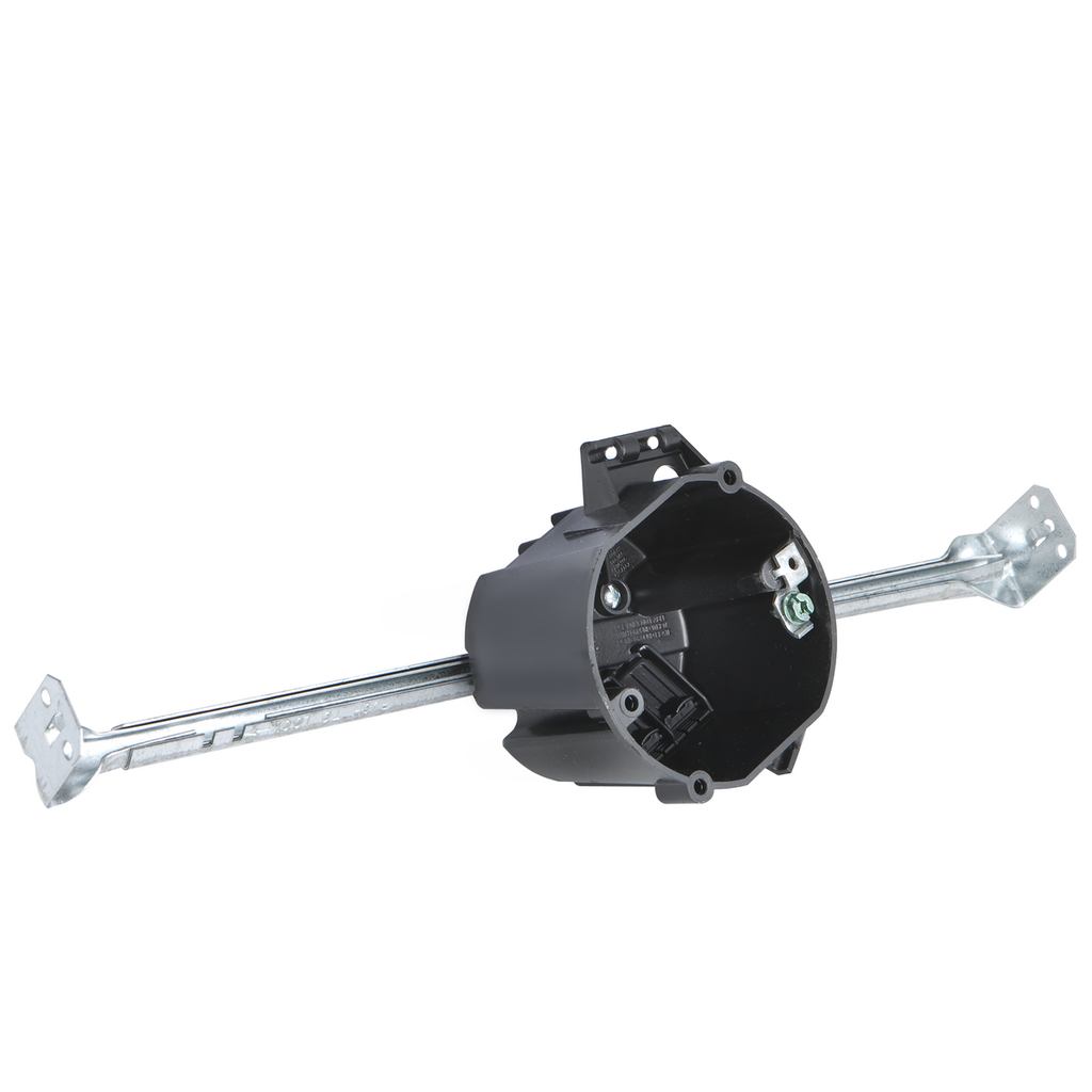 Product image for Raco 7907 3-1/2" Round Non-Metallic Cable Ceiling Box w/Bar Hanger and Ground Plate, 18.0 cu. in.