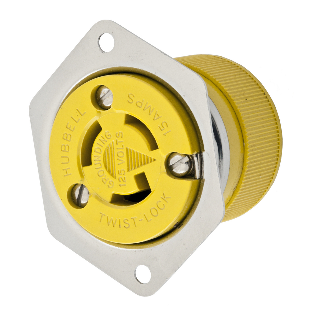 Product image for Hubbell HBL47CM15 15 Amp 125 Volt NEMA L5-15R Yellow Stainless Steel Locking Flanged Receptacle