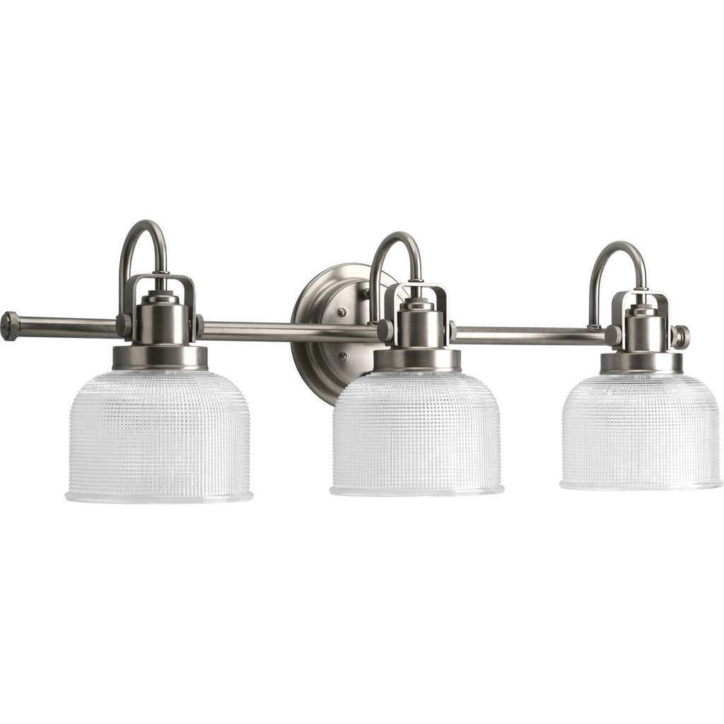 Product image for Progress P2992-81 Archie Collection Three-Light Antique Nickel Clear Double Prismatic Glass Coastal Bath Vanity Light