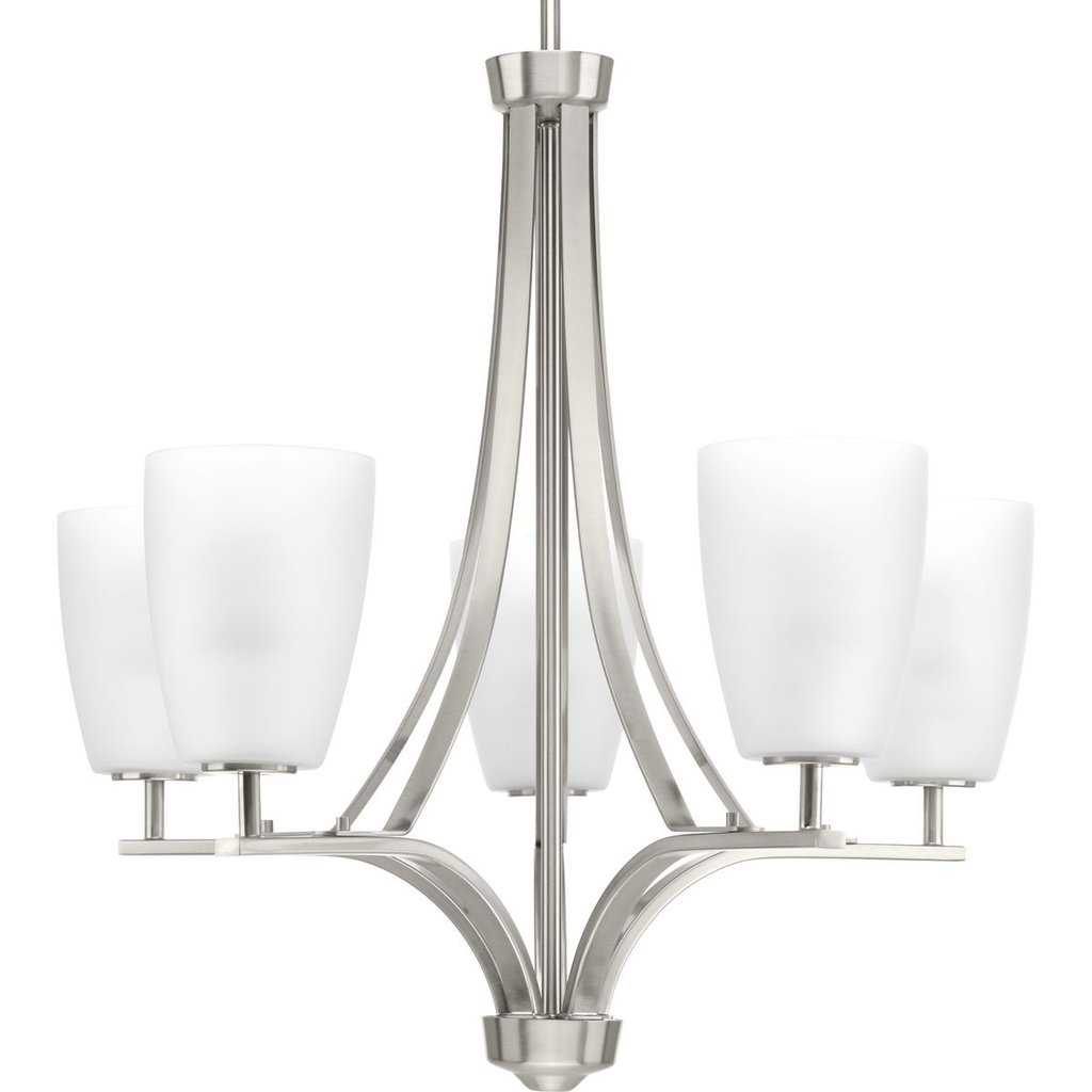 Product image for Progress P400043-009 Leap Collection Five-Light Brushed Nickel Etched Opal Glass Modern Chandelier Light